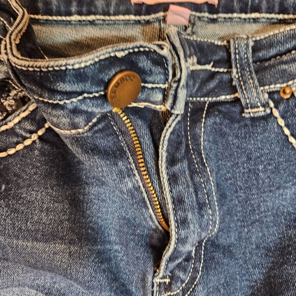 Woman's Bamboo dark wash white stitch embroidered distressed flared mid rise jea - Picture 6 of 11